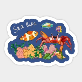 seabed with red crab, algae and fish Sticker